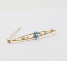 Load image into Gallery viewer, Antique Art Nouveau 10k Yellow Gold Forget Me Not Pearl Enamel Bar Pin
