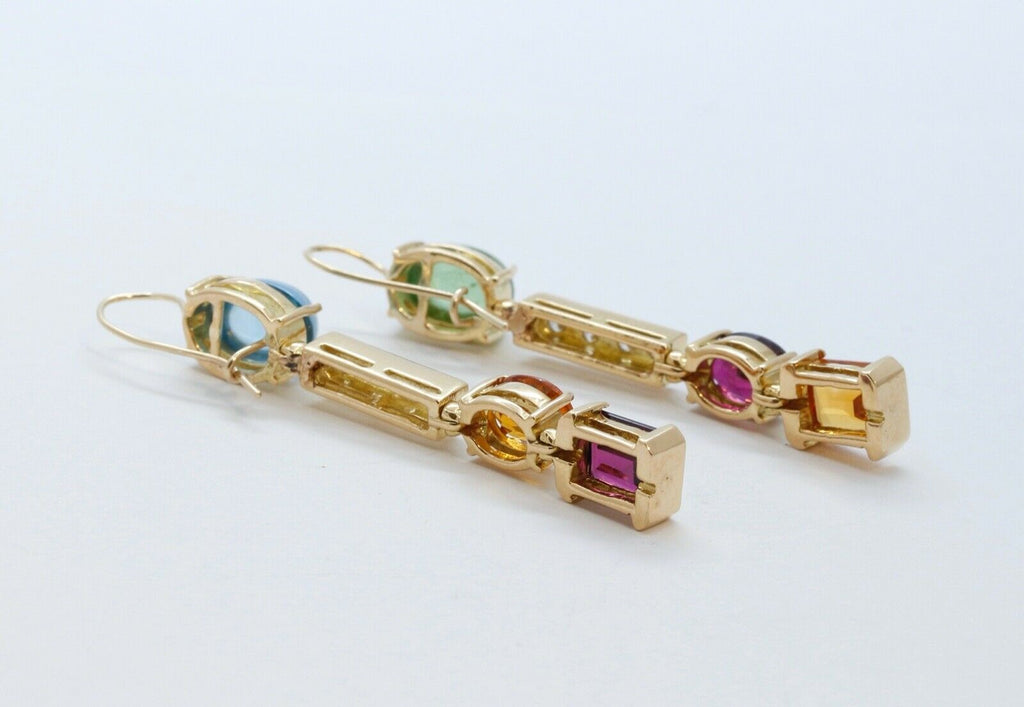 Vintage 18K Multi Stone Dangle Earrings Topaz Peridot Amethyst Diamonds Citrine