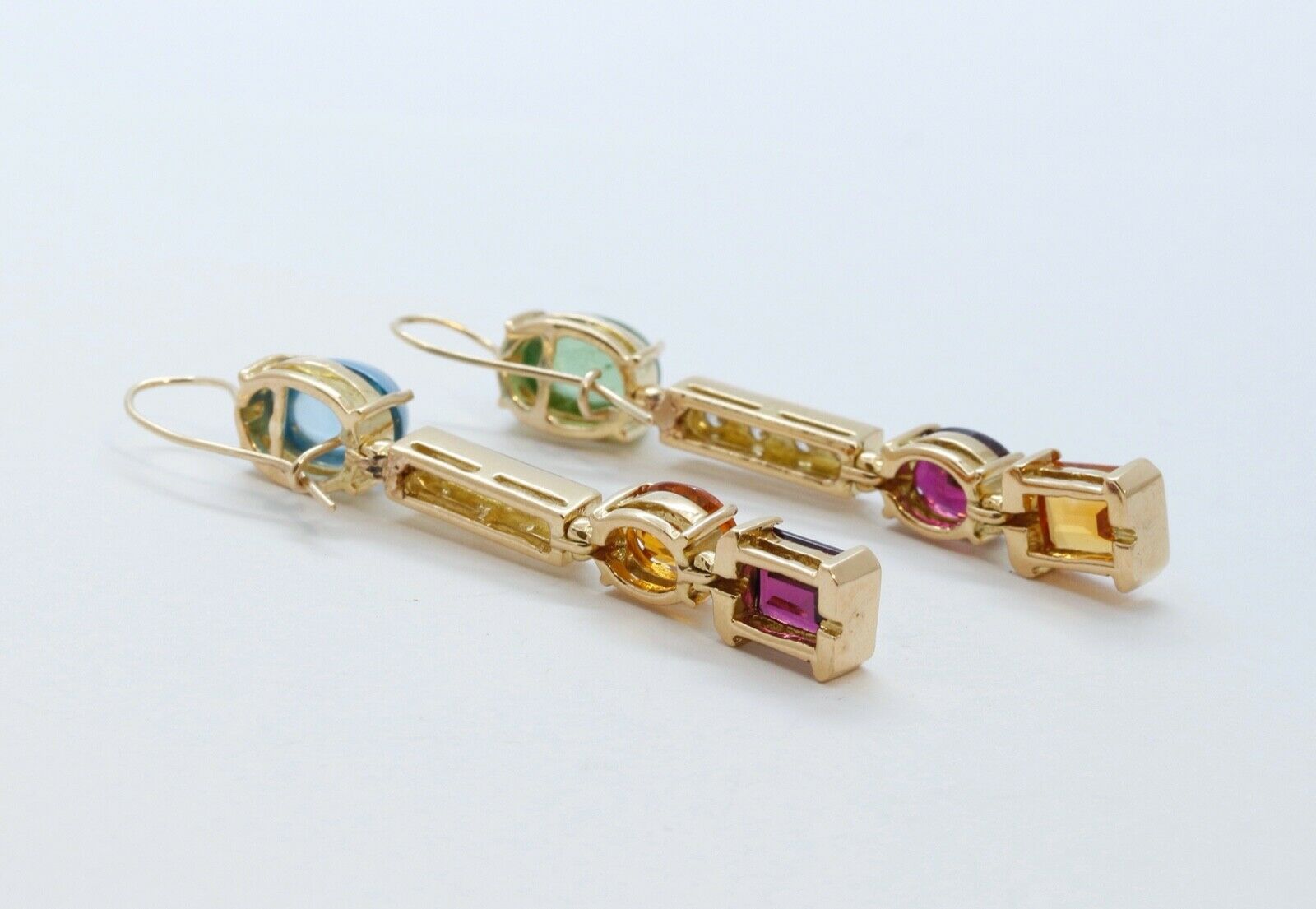 Vintage 18K Multi Stone Dangle Earrings Topaz Peridot Amethyst Diamonds Citrine