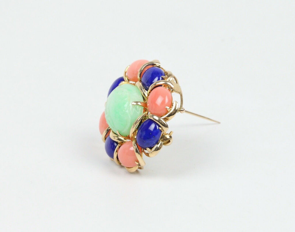 Beautiful Vintage Multi Stone Jade Jasper Lapis Lazuli Brooch Pin