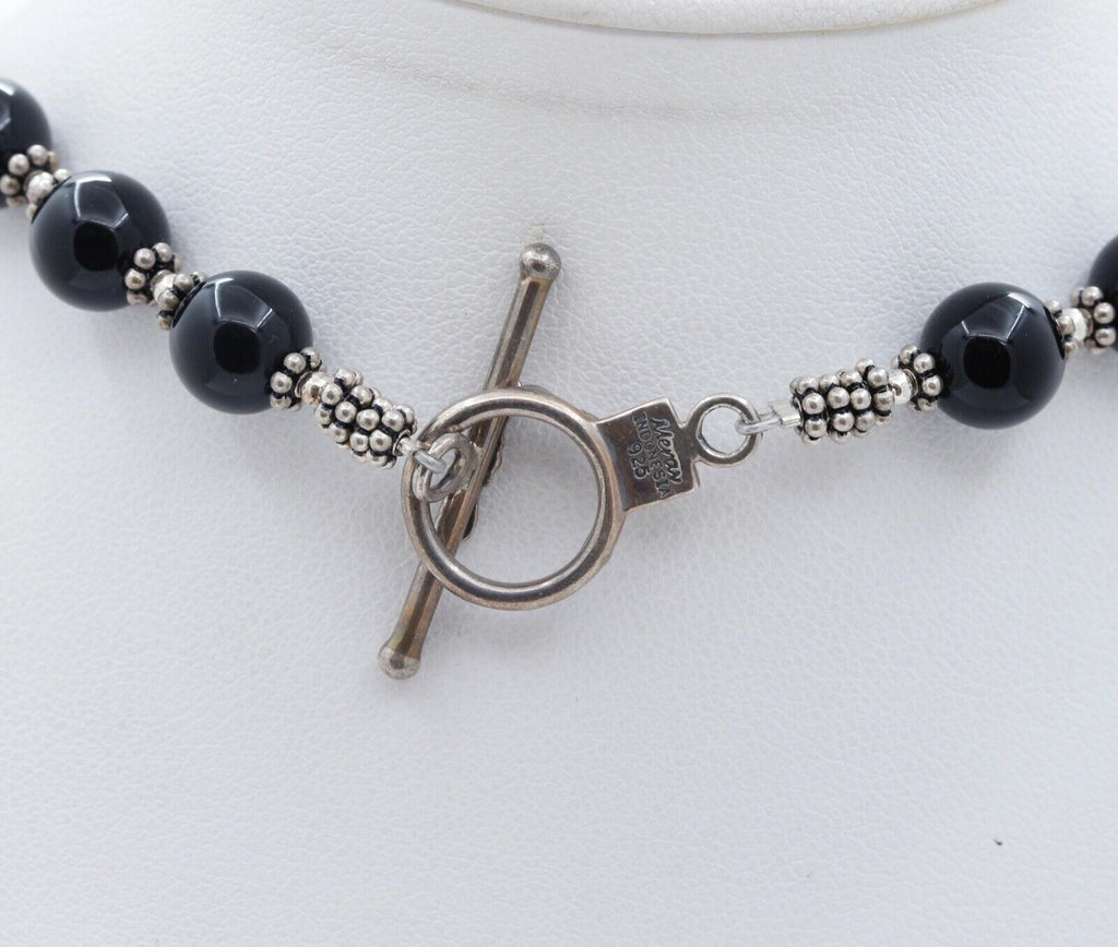 Meran Large Black Onyx Bead and 925 Sterling Silver Vintage Necklace
