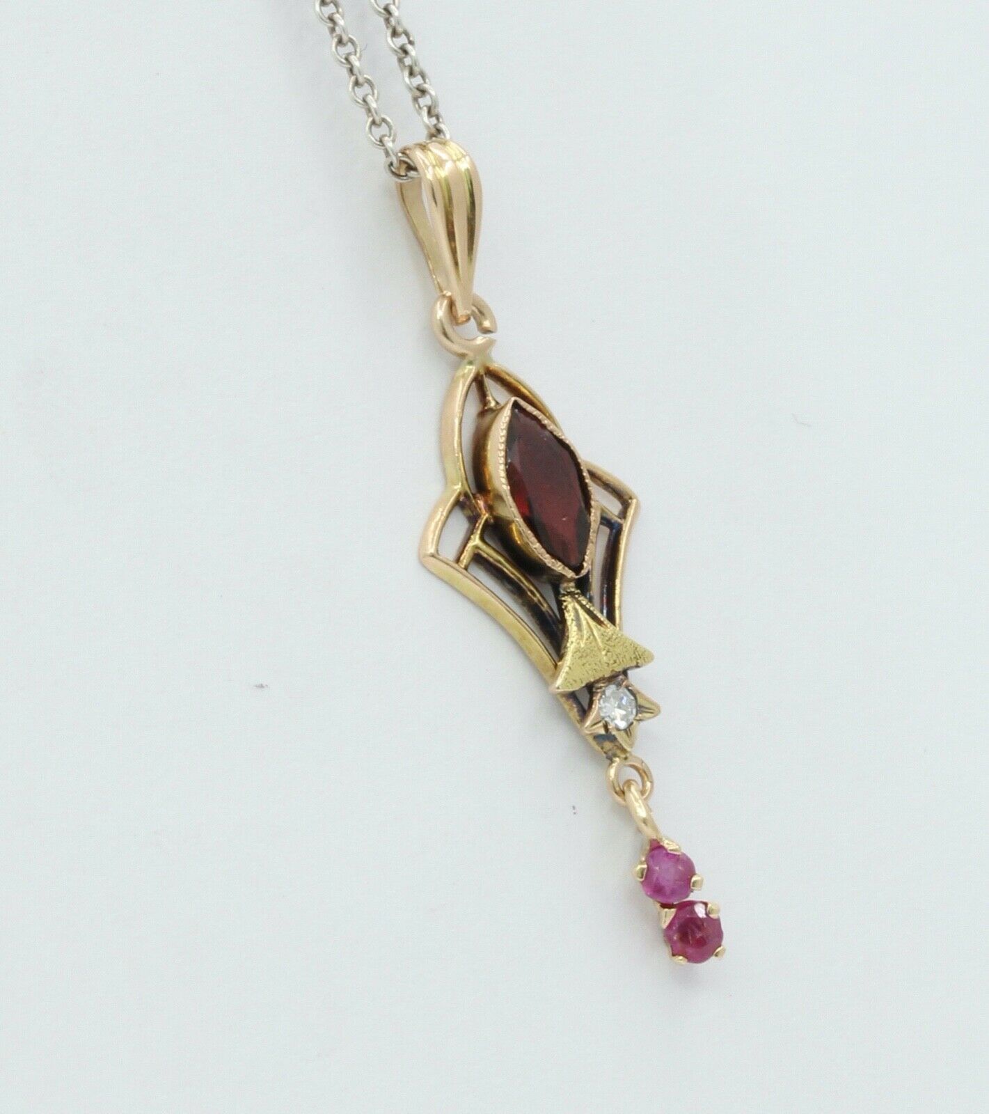 Art Nouveau Ruby Diamonds Garnet 10K Gold Pendant