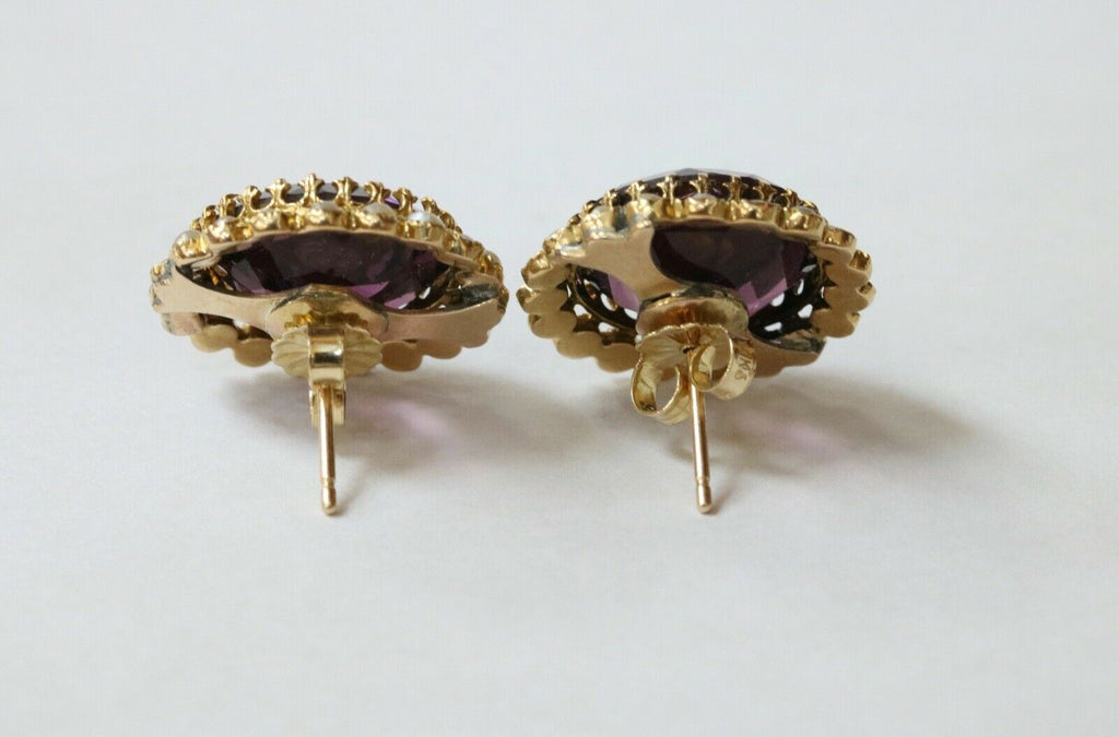 Victorian 18K Yellow Gold Amethyst Seed Pearls Brooch Earrings Set
