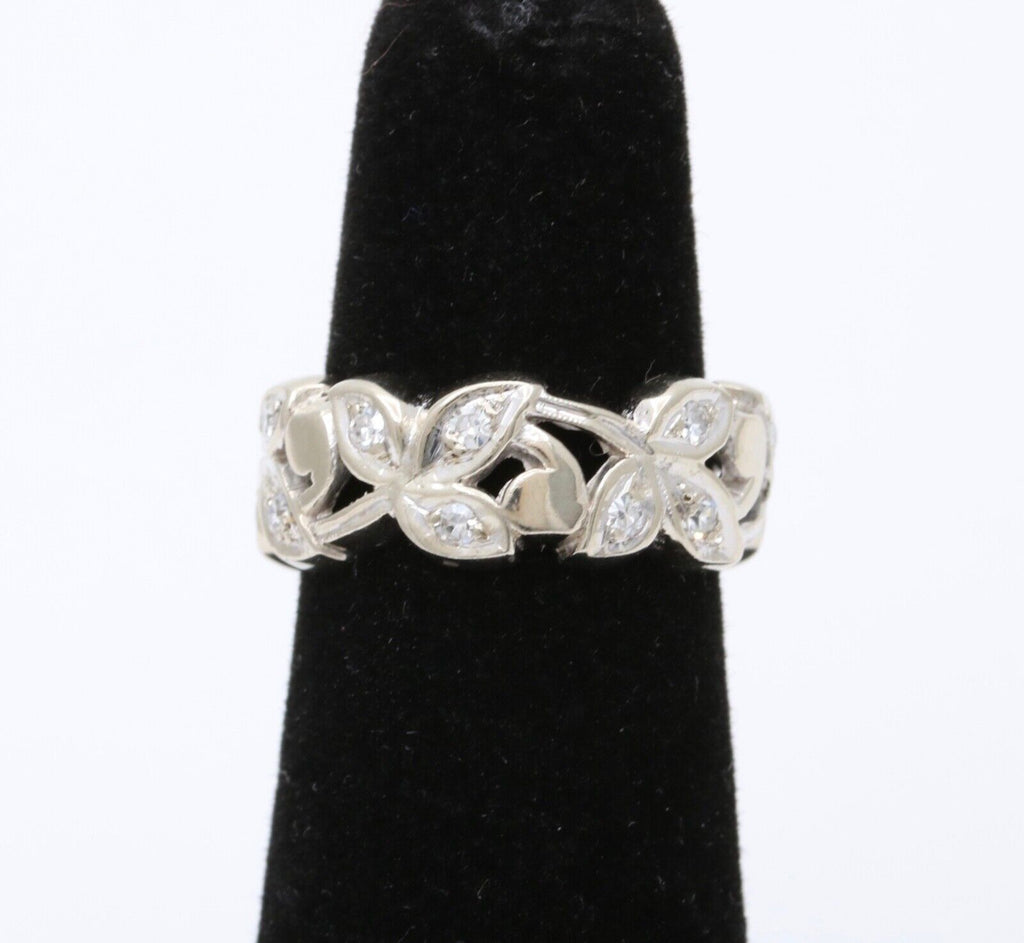 Vintage 14K White Gold Diamond Wide Ring Band.