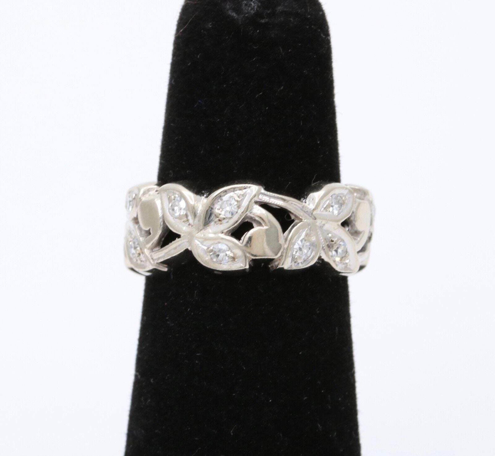Vintage 14K White Gold Diamond Wide Ring Band.