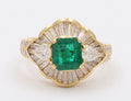 Vintage Natural Emerald Baguette Diamonds 18K Yellow Gold Ring