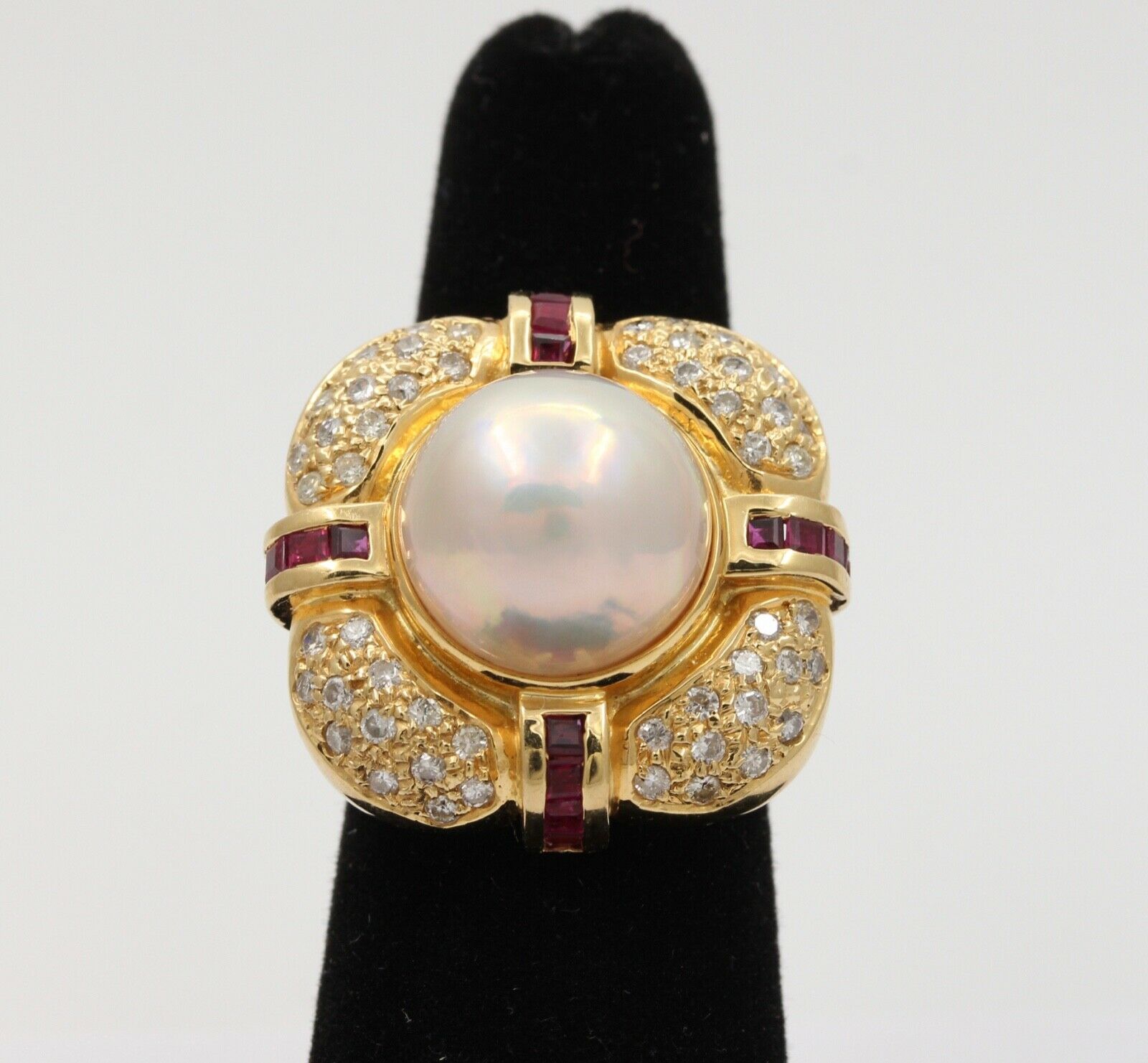 Vintage Mabe Pearl Diamonds Rubies 18K Yellow Gold Ring