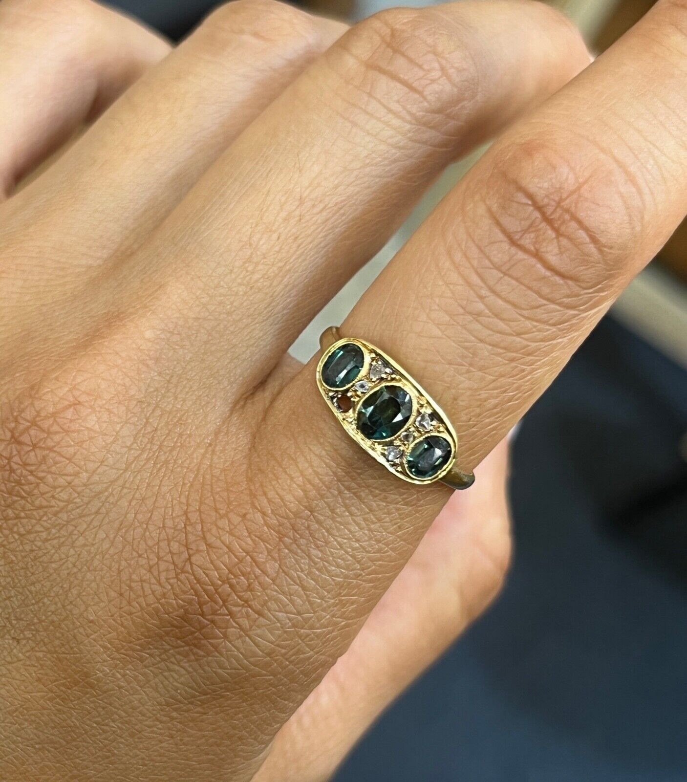 Antique Edwardian 18K Gold Three Green Tourmaline Diamond Ring, Ring Band.