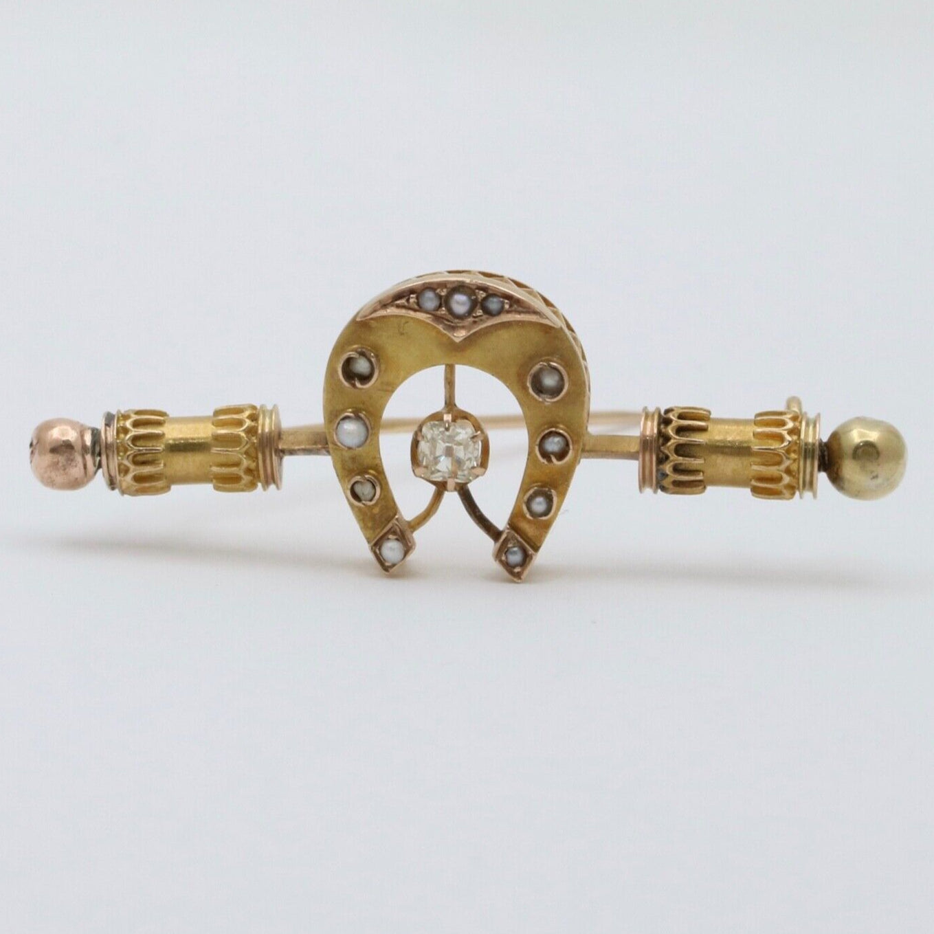 Victorian Era Russian Diamond Seed Pearls 16K Yelllow Gold Brooch Pin