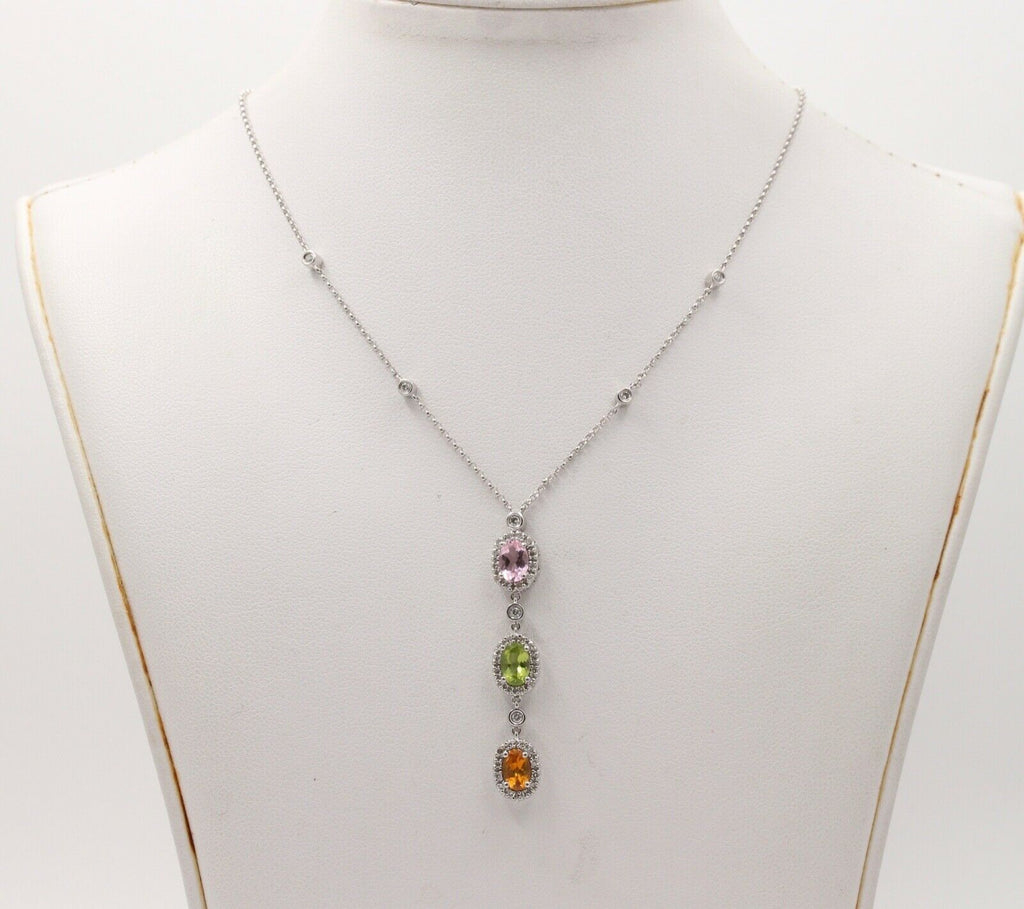 Classic 14K Gold Three Stones Multi Color Stone, Diamond Drop Pendant. Necklace.