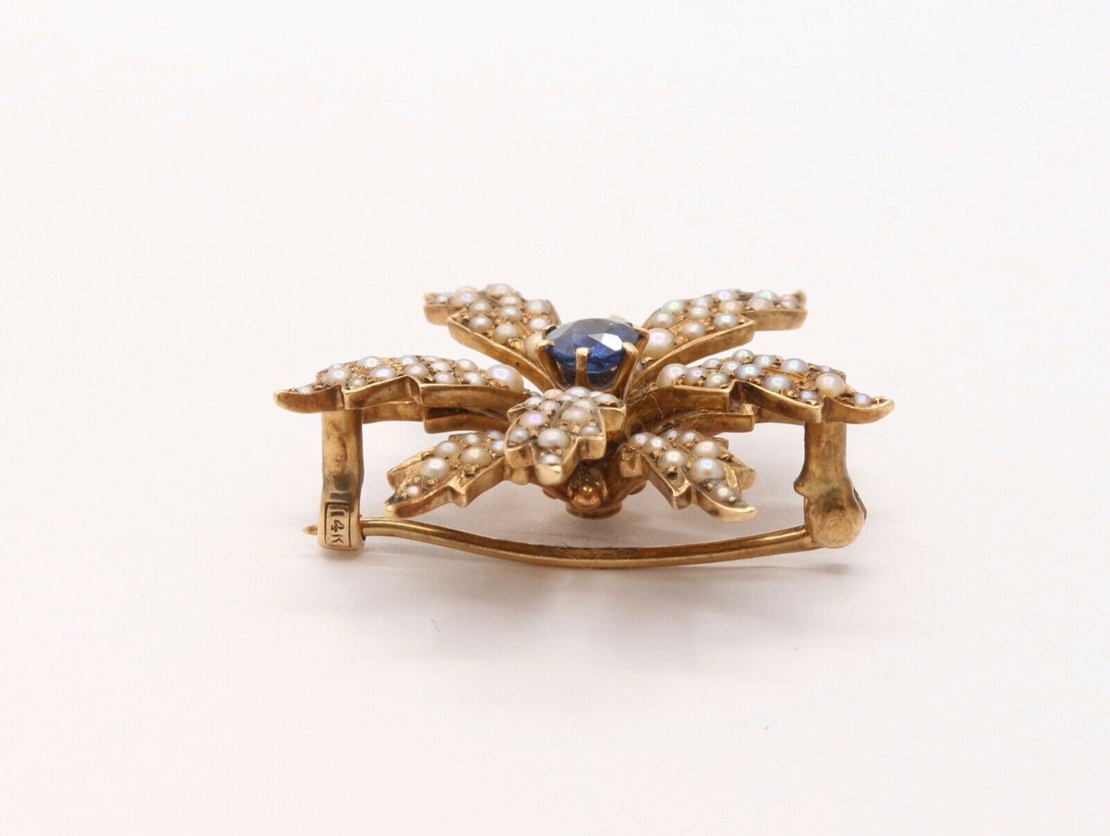 Edwardian 14K Yellow Gold Sapphire Seed Pearls Brooch Pin Pendant