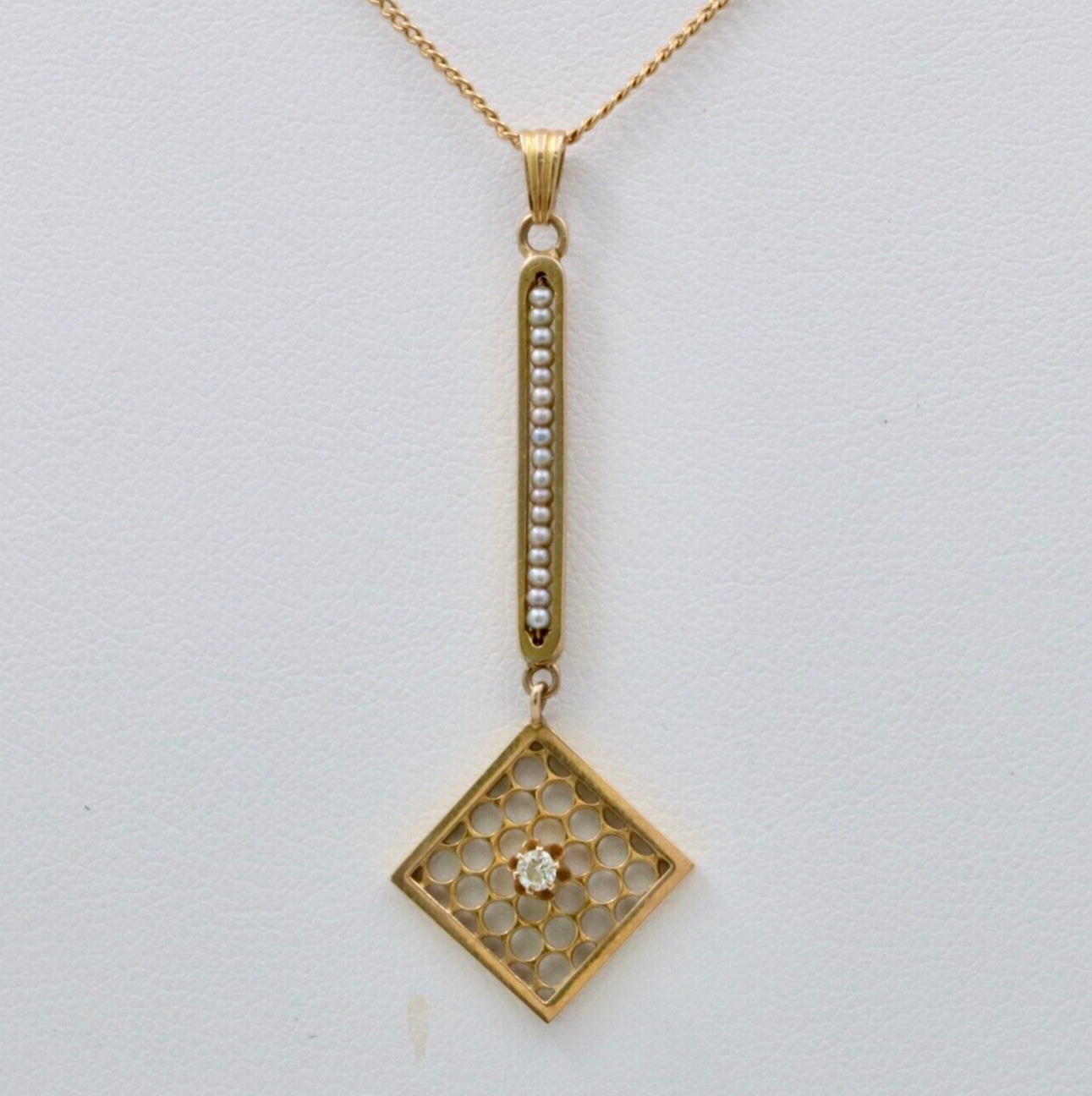 Edwardian Diamond & Pearl Lavaliere Pendant, Antique 10k Yellow Gold Necklace