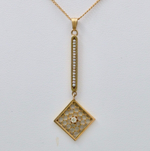 Load image into Gallery viewer, Edwardian Diamond &amp; Pearl Lavaliere Pendant, Antique 10k Yellow Gold Necklace
