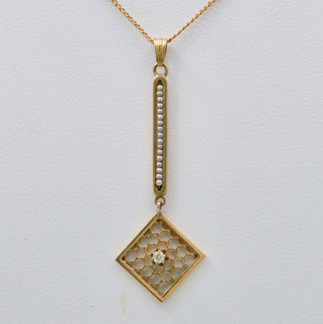 Edwardian Diamond & Pearl Lavaliere Pendant, Antique 10k Yellow Gold Necklace