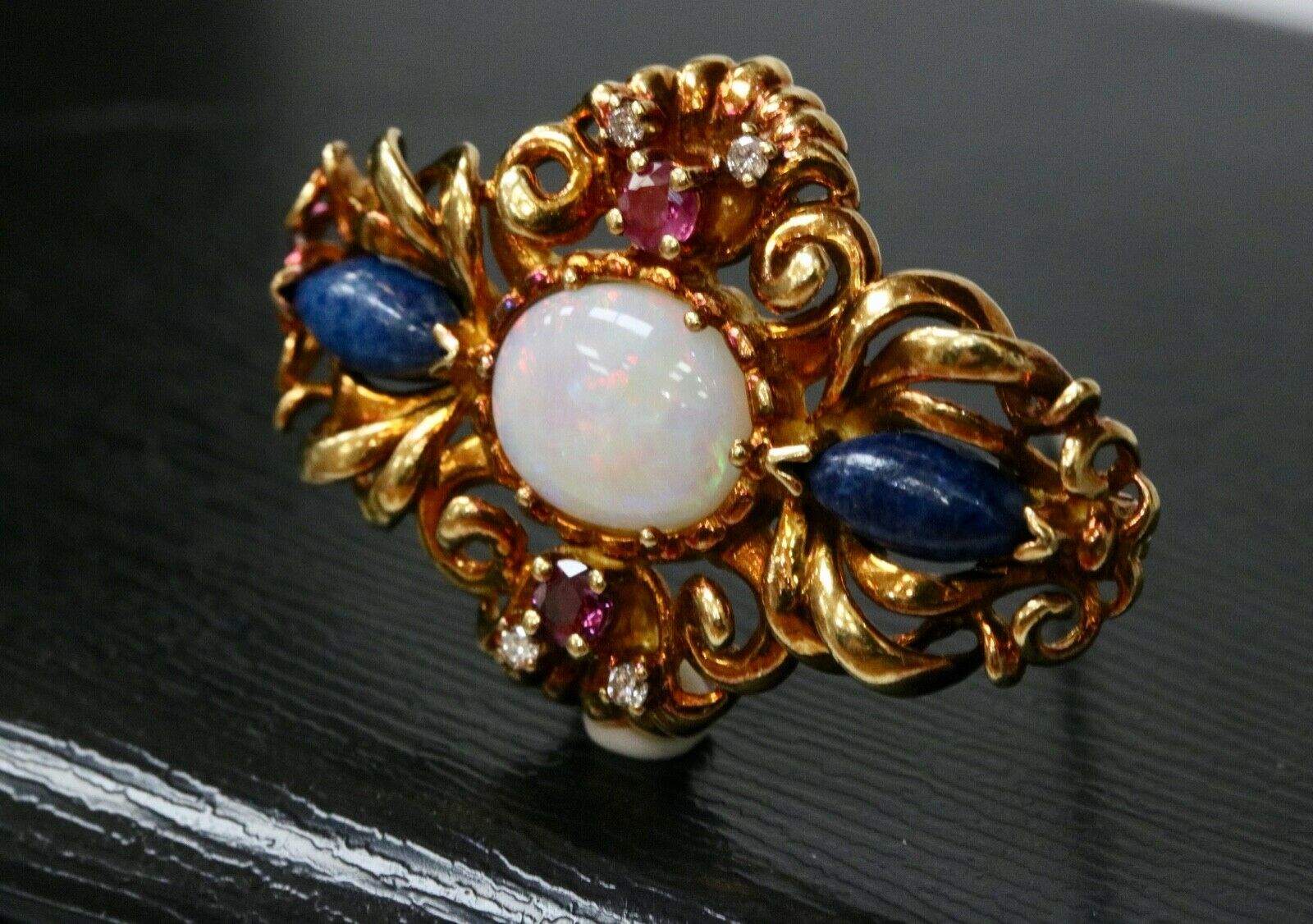 Vintage Victorian Style Opal Rubies Diamonds Sodalite 18K Yellow Gold Brooch Pin