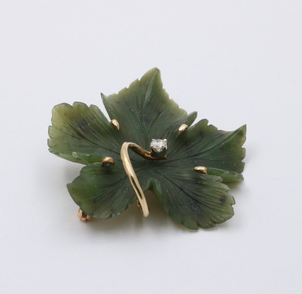 Vintage Diamond and Curved Jade 14K Yellow Gold Leaf Brooch, Pendant.