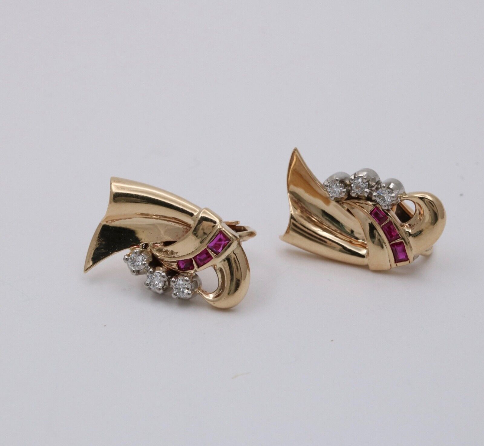 Vintage Retro 14K Yellow Gold Ruby & Diamond Earrings