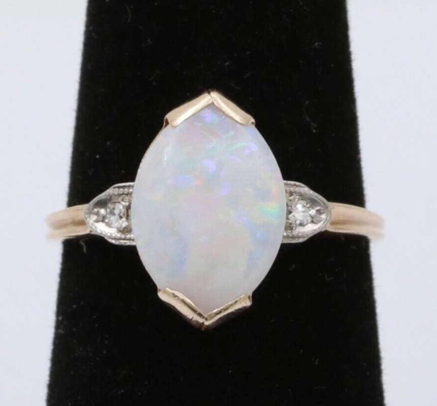 Art Deco 10K Yellow Gold Opal & Diamond Ring