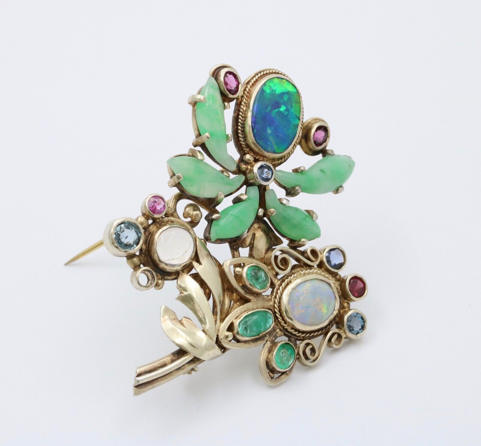 Antique Silver Art & Craft Opal & Jade Flower Brooch.