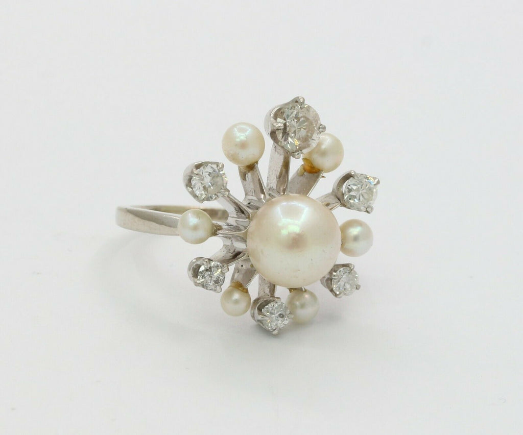 Vintage 14K White Gold Old European Cut Diamond Pearl Ring