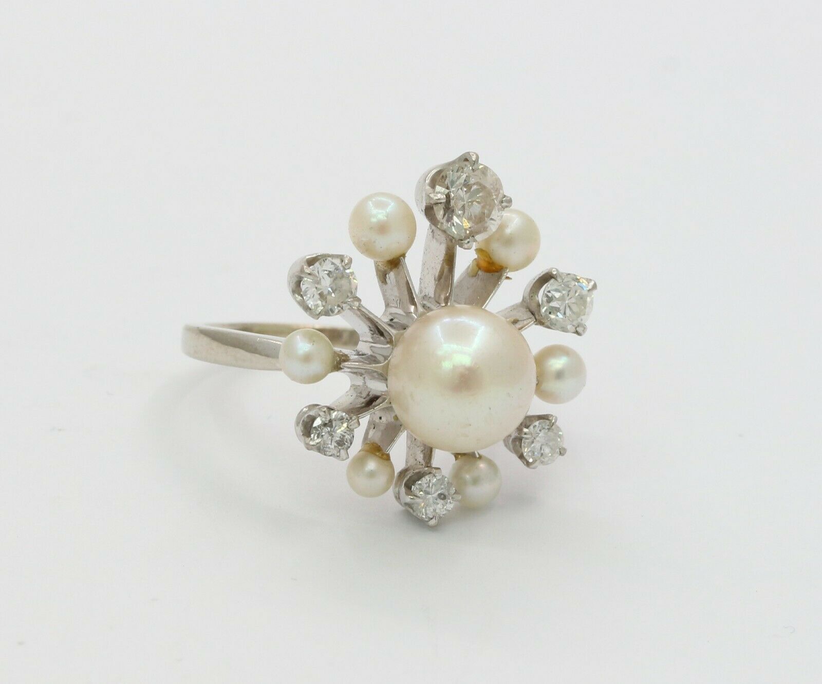 Vintage 14K White Gold Old European Cut Diamond Pearl Ring