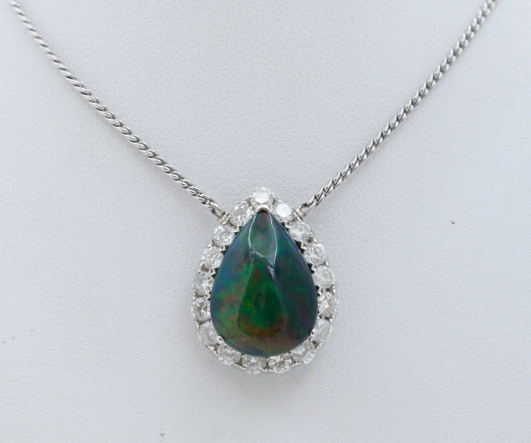 Vintage Opal Diamonds 18K 14K White Gold Pendant Chain