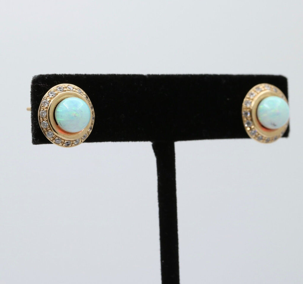 Vintage 14K Gold Opal, Diamond Halo Studs Earrings.