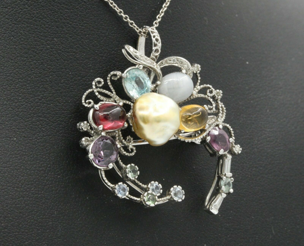 Vintage 18K White Gold Multi-Gemstone Diamond Brooch Pendant
