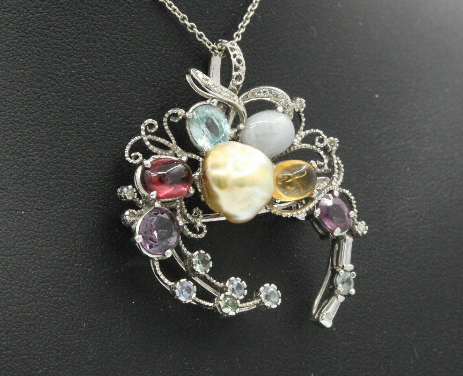 Vintage 18K White Gold Multi-Gemstone Diamond Brooch Pendant