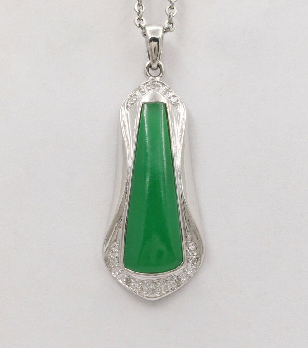 Vintage Trapezoid Jadeite Jade 14K White Gold Diamond Pendant, Necklace.