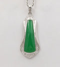 Vintage Trapezoid Jadeite Jade 14K White Gold Diamond Pendant, Necklace.