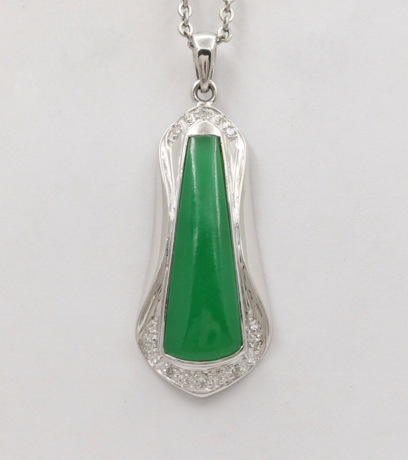 Vintage Trapezoid Jadeite Jade 14K White Gold Diamond Pendant, Necklace.