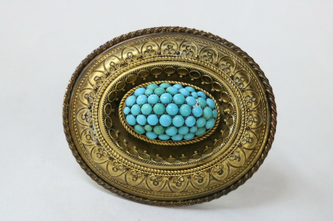 Victorian Etruscan Revival Momento More 9K Yellow Gold Turquoise Brooch Pin