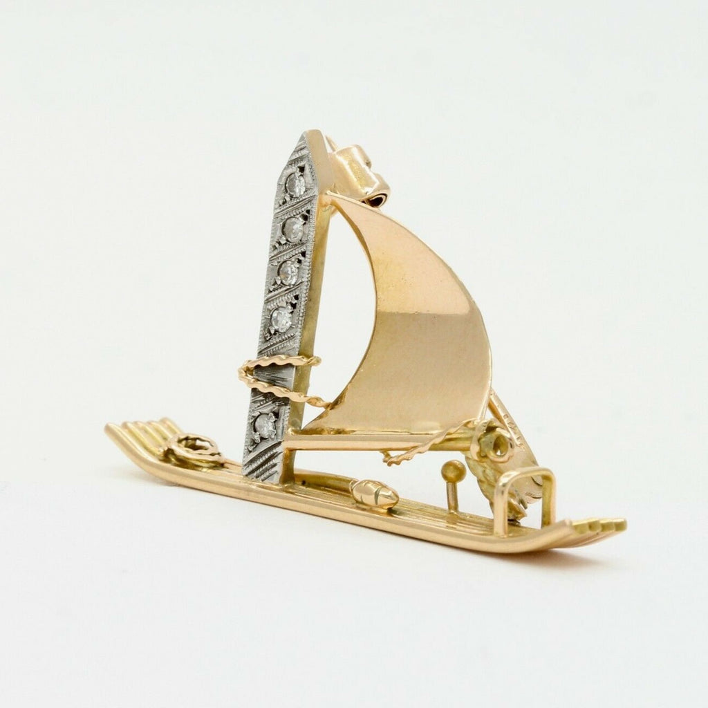 Vintage 14k Yellow Gold Diamond SailBoat Brooch