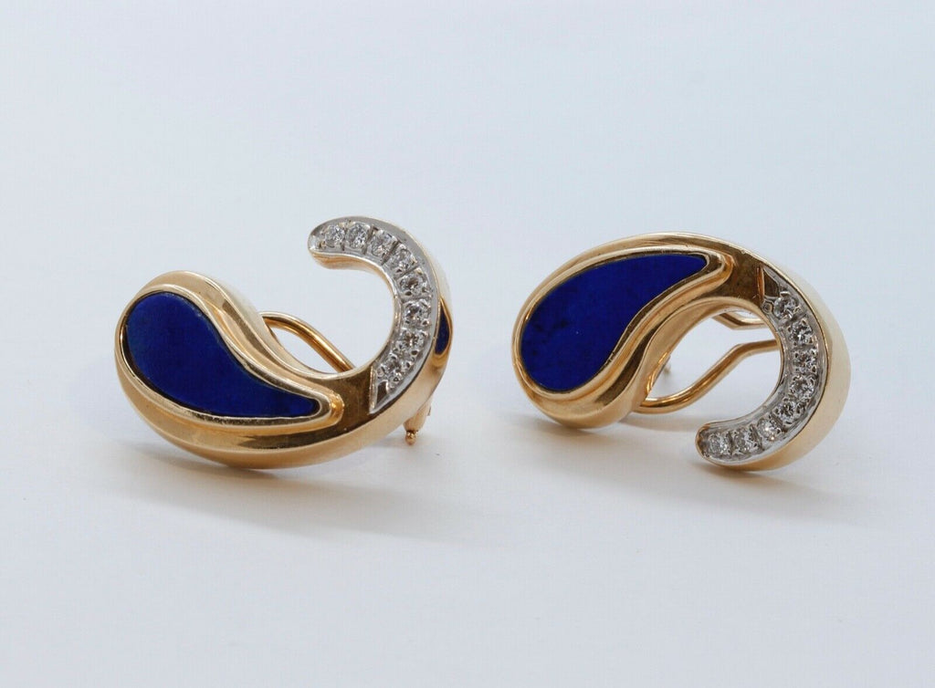 Vintage Lapis Lazuli Diamonds 14K Yellow Gold Earrings