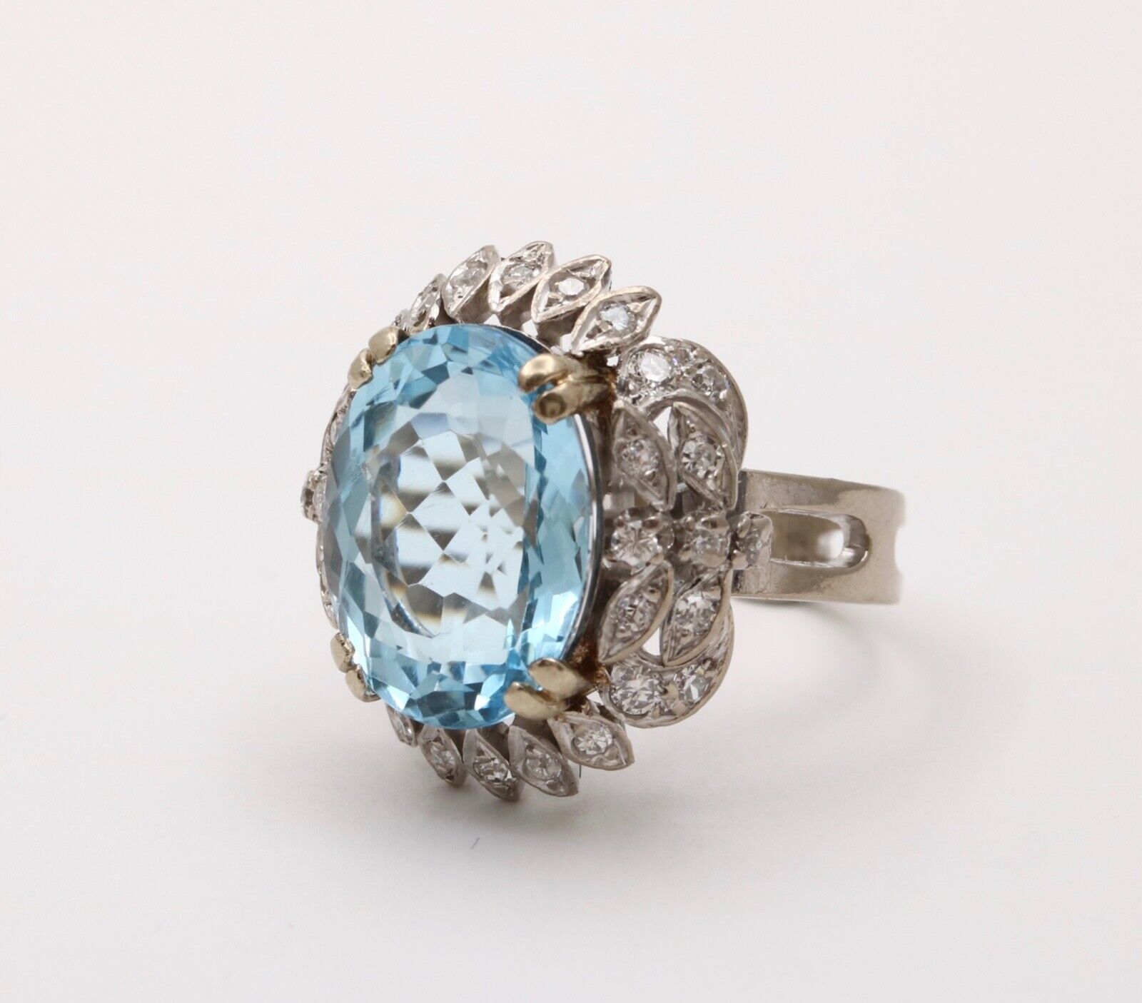 Vintage Blue Topaz Diamonds 14K White Yellow Gold Cocktail Ring