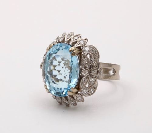 Vintage Blue Topaz Diamonds 14K White Yellow Gold Cocktail Ring