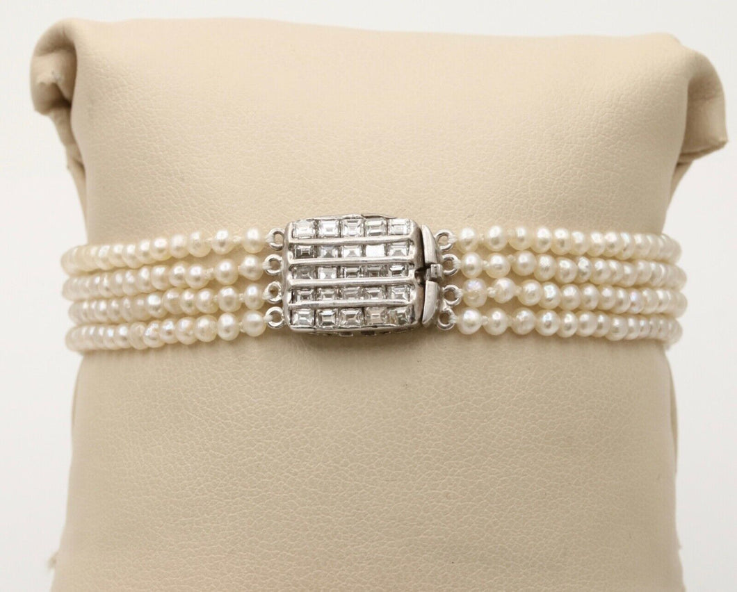 Vintage 14K Gold DIamond Clasp Beaded Pearl Bracelet