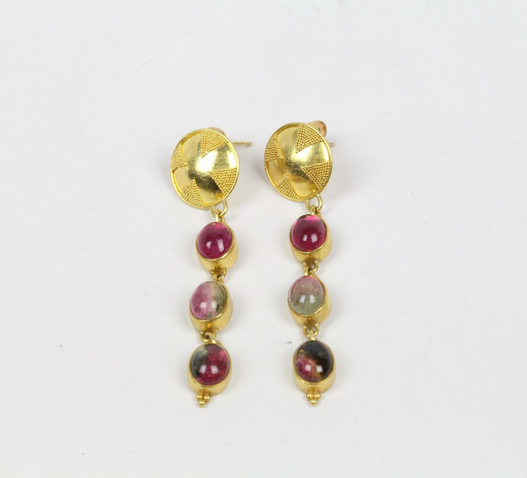 Vintage 18K Yellow Gold and Watermelon Tourmaline Dangling Earrings