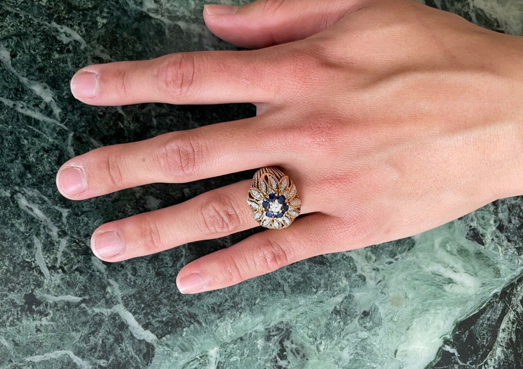 Italian Vintage High Dome Cluster Ring Sapphires Diamonds 18K YG WG Ring
