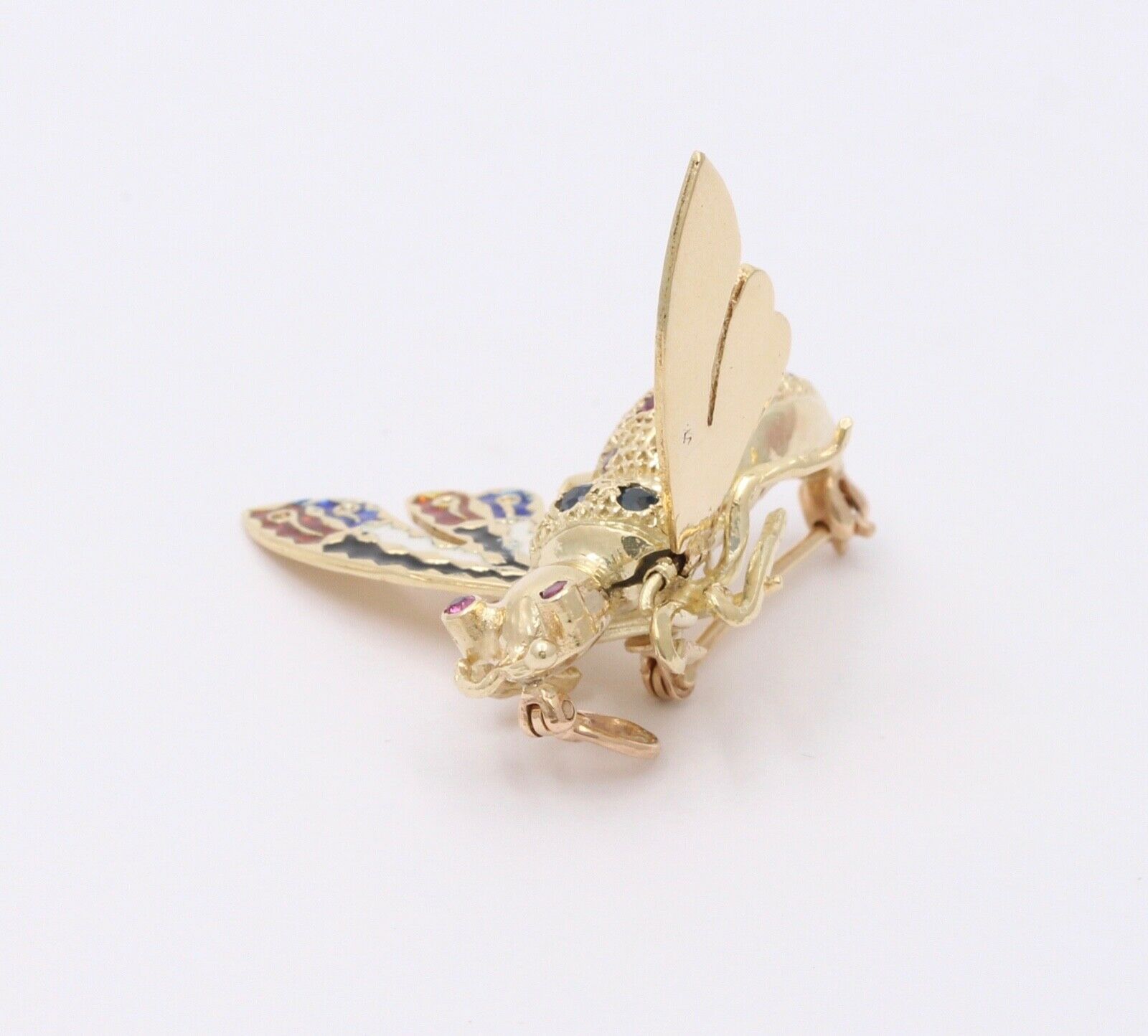 Vintage Movable Honey Bee Sapphires Rubies Enamel 14K Yellow Gold Brooch Pendant