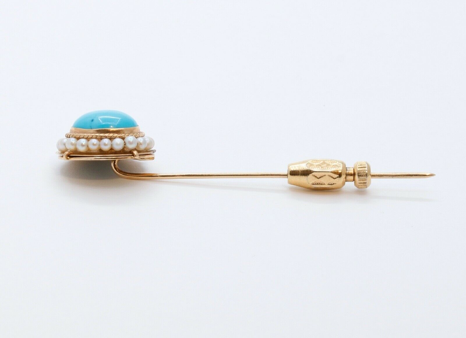 Vintage Ladies Turquoise Diamonds 14K Yellow Gold Stick Pin