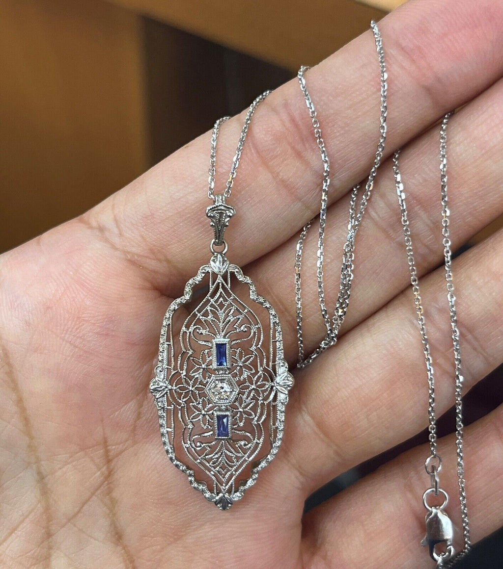 Art Deco 14K White Gold Filigree Pendant, Necklace