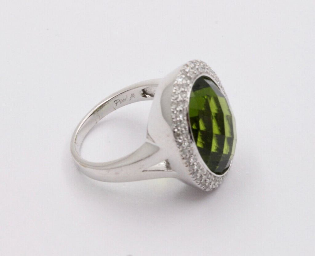 Vintage Peridot Diamonds 14K White Gold Cocktail Ring