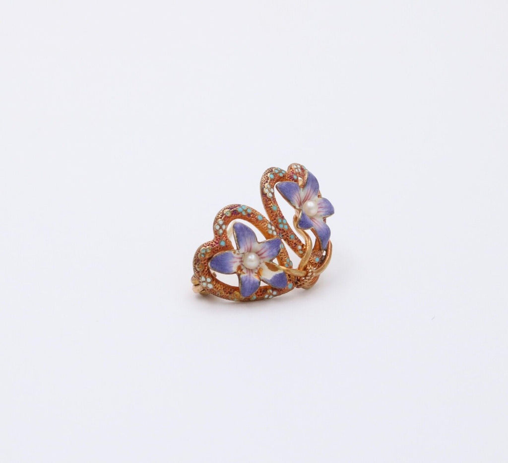 Edwardian 14K Pinkish Yellow Gold Clement Enamel Forget Me Not Brooch Pin