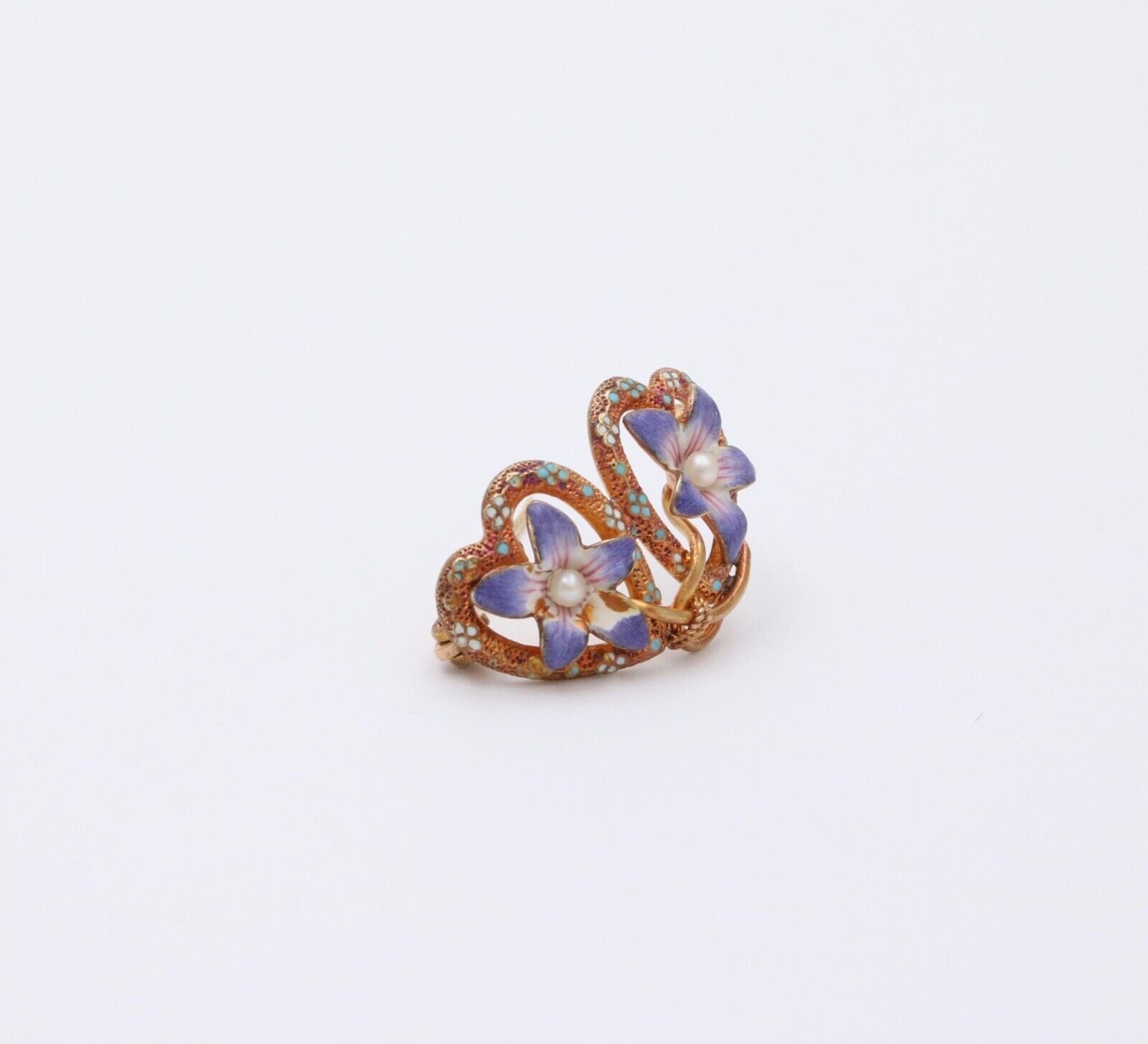 Edwardian 14K Pinkish Yellow Gold Clement Enamel Forget Me Not Brooch Pin