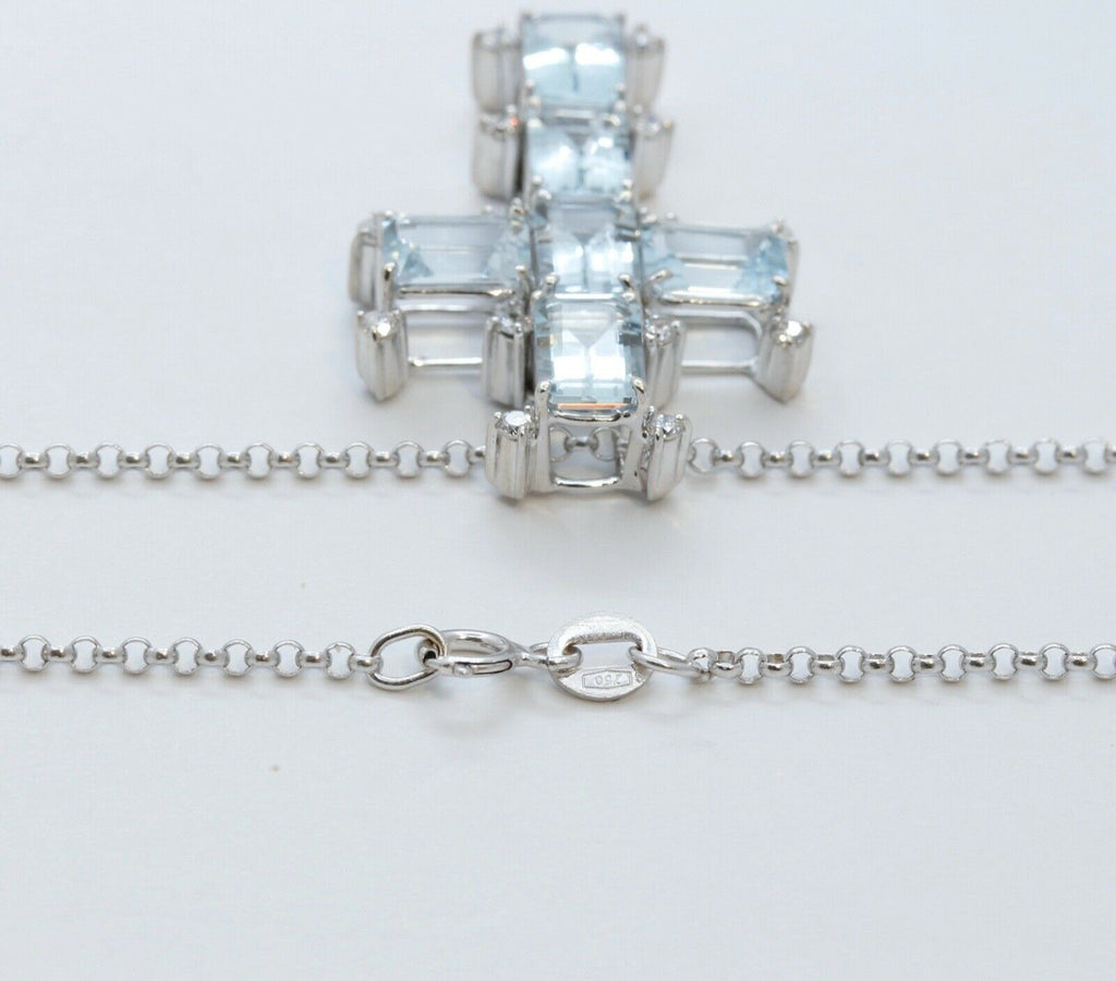 Vintage Ladies Aquamarine Diamonds 18K White Gold Cross and Chain