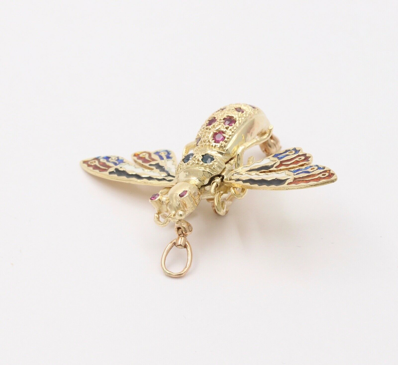 Vintage Movable Honey Bee Sapphires Rubies Enamel 14K Yellow Gold Brooch Pendant