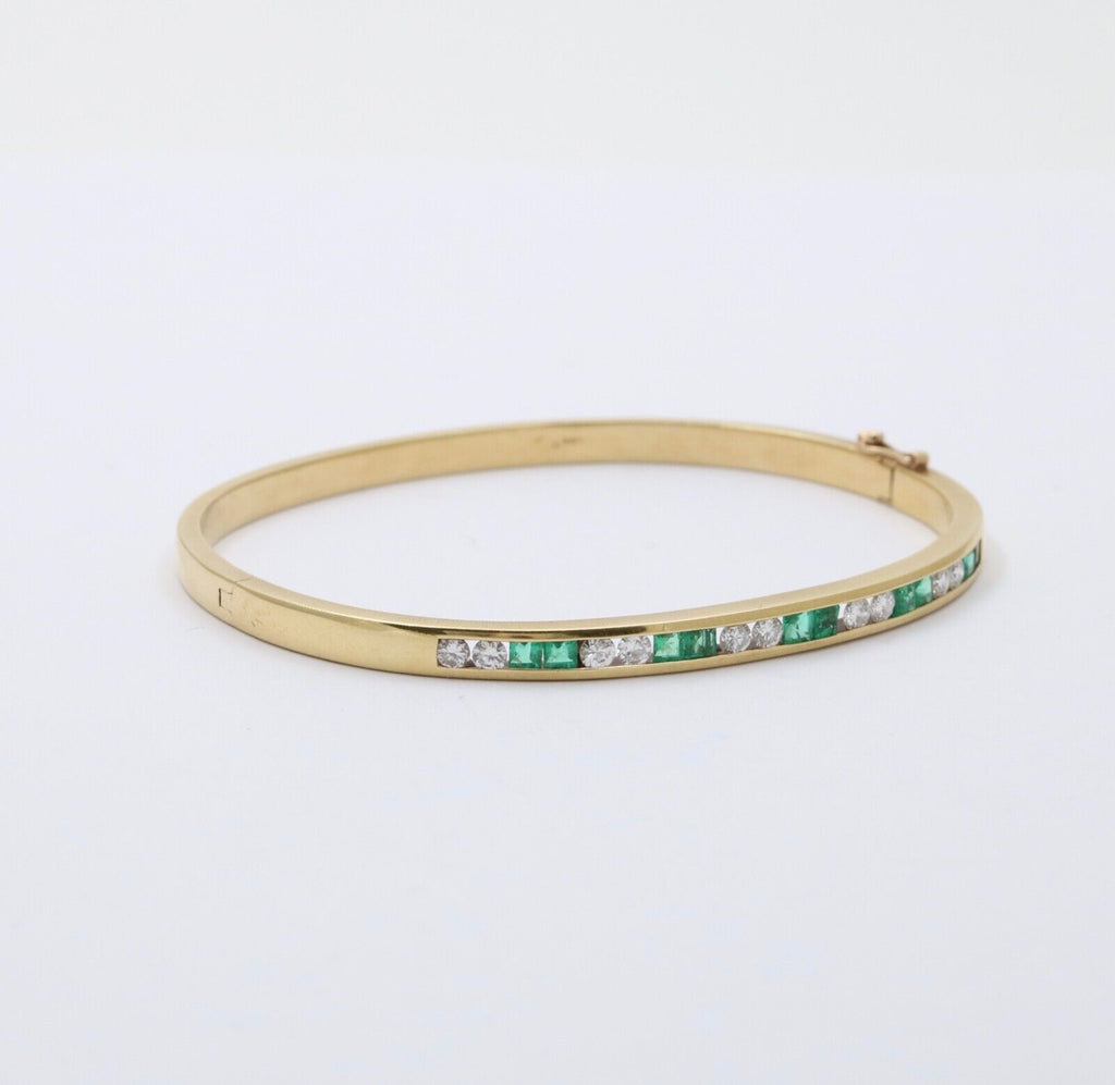 Vintage Emerald Diamond 18K Yellow Gold Bangle Bracelet