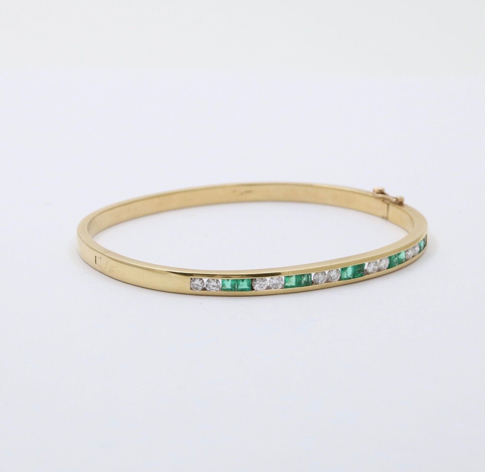Vintage Emerald Diamond 18K Yellow Gold Bangle Bracelet